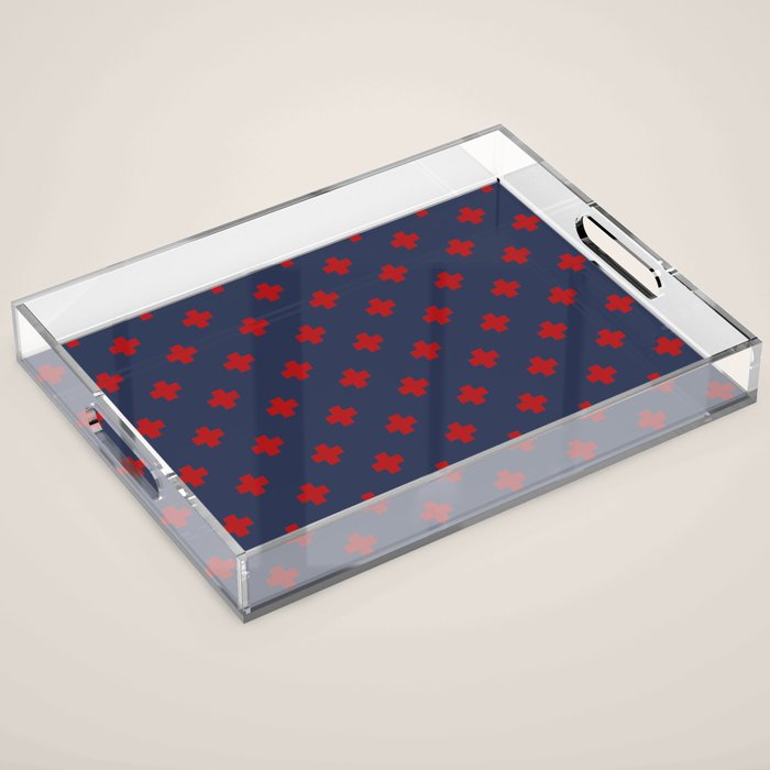 Red Swiss Cross Pattern on Navy Blue background Acrylic Tray Gallery Image 1