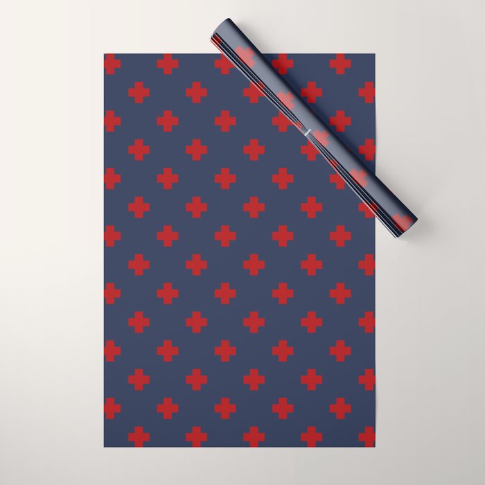 Red Swiss Cross Pattern on Navy Blue background Wrapping Paper Gallery Image 1