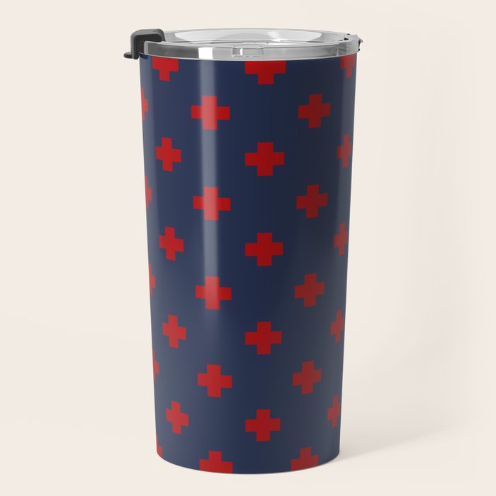 Red Swiss Cross Pattern on Navy Blue background Travel Mug Gallery Image 3