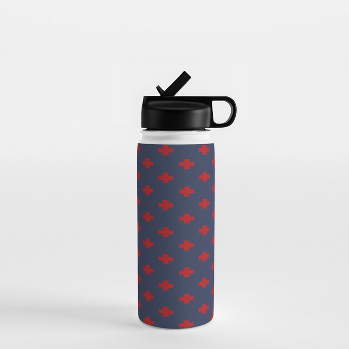 Red Swiss Cross Pattern on Navy Blue background Water Bottle Gallery Image 1