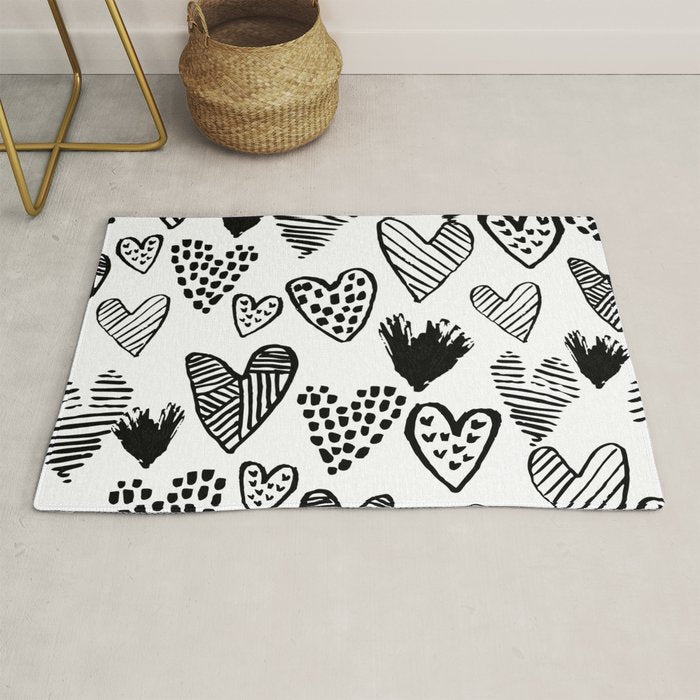 Hearts black and white hand drawn minimal love valentines day pattern gifts decor Rug Gallery Image 1