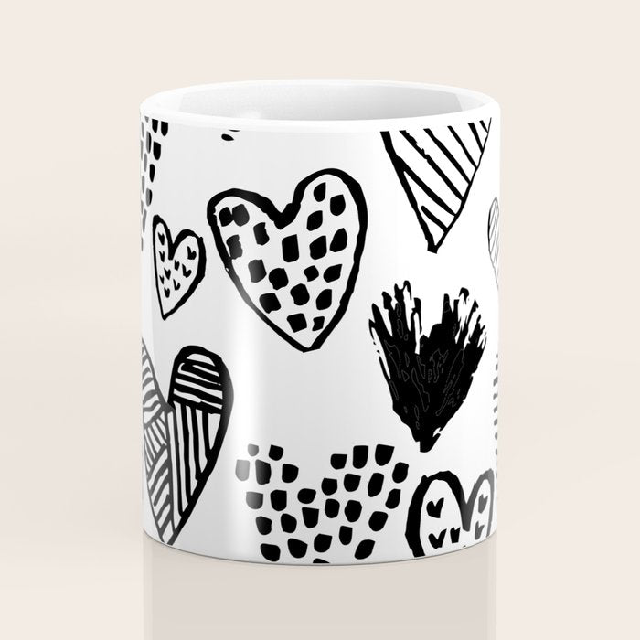 Hearts black and white hand drawn minimal love valentines day pattern gifts decor Coffee Mug Gallery Image 4