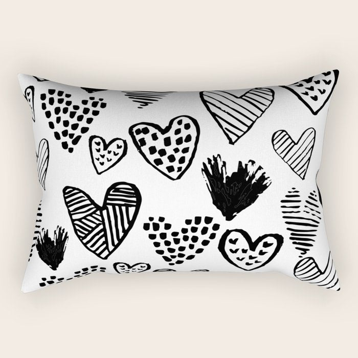 Hearts black and white hand drawn minimal love valentines day pattern gifts decor Rectangular Pillow Gallery Image 1