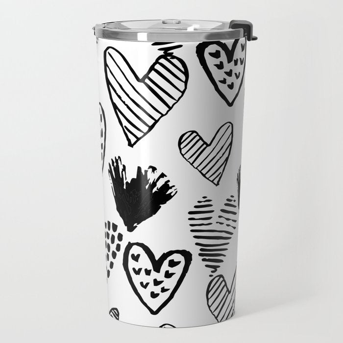 Hearts black and white hand drawn minimal love valentines day pattern gifts decor Travel Mug Gallery Image 2