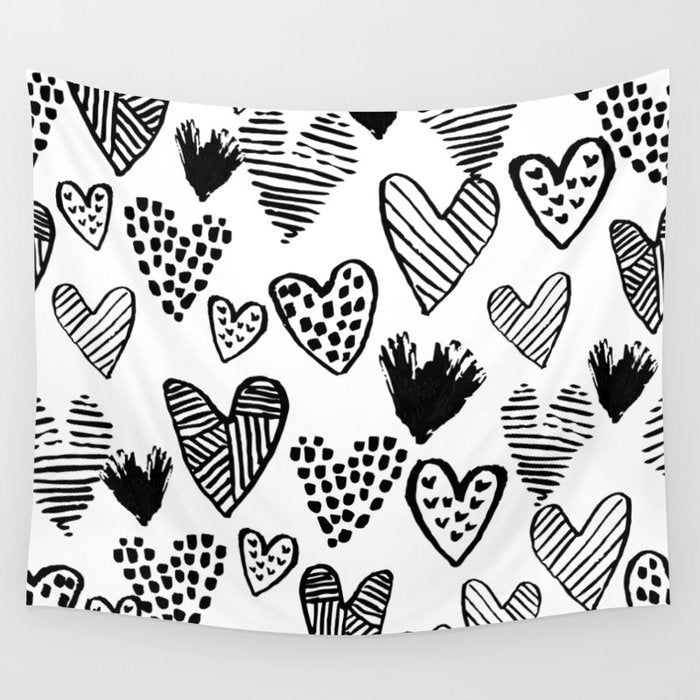 Hearts black and white hand drawn minimal love valentines day pattern gifts decor Wall Tapestry Gallery Image 1