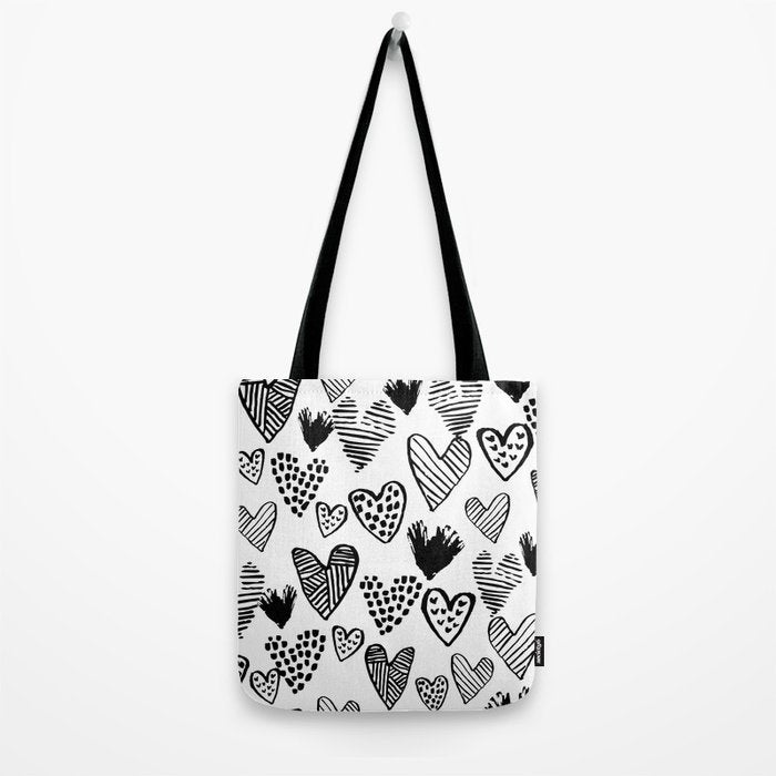 Hearts black and white hand drawn minimal love valentines day pattern gifts decor Tote Bag Gallery Image 2