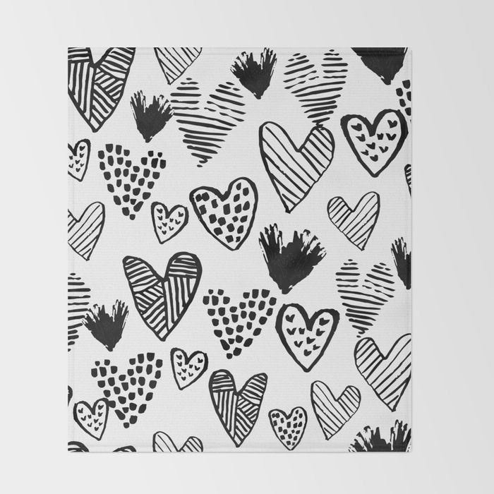 Hearts black and white hand drawn minimal love valentines day pattern gifts decor Throw Blanket Gallery Image 2