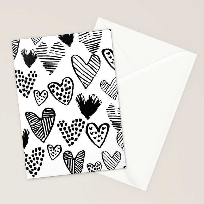 Hearts black and white hand drawn minimal love valentines day pattern gifts decor Stationery Card Gallery Image 2