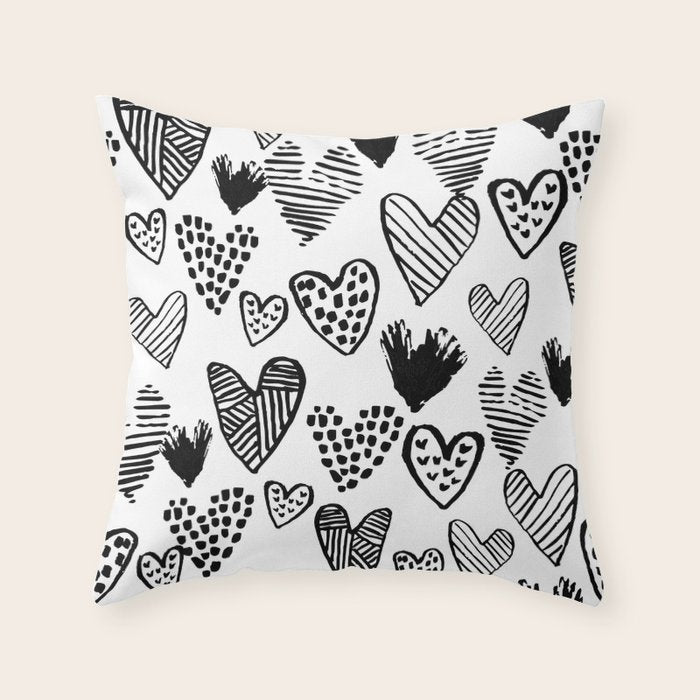 Hearts black and white hand drawn minimal love valentines day pattern gifts decor Throw Pillow Gallery Image 1