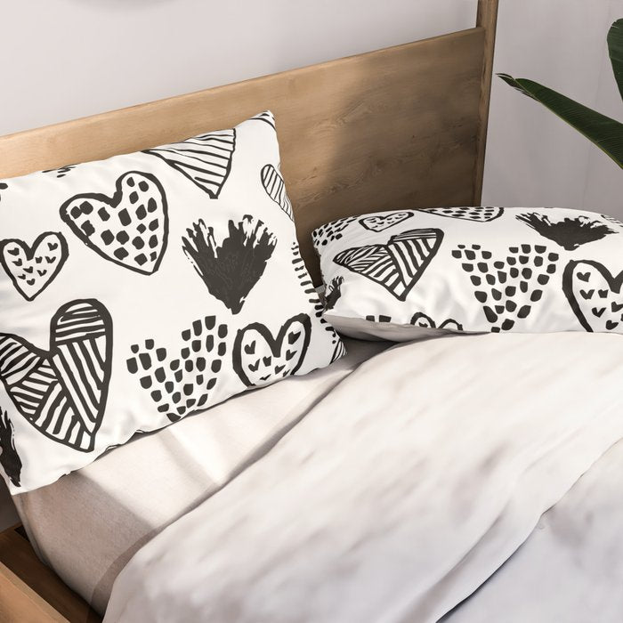 Hearts black and white hand drawn minimal love valentines day pattern gifts decor Pillow Sham Gallery Image 2