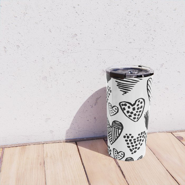 Hearts black and white hand drawn minimal love valentines day pattern gifts decor Travel Mug Gallery Image 4
