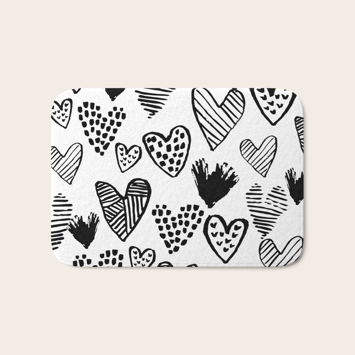 Hearts black and white hand drawn minimal love valentines day pattern gifts decor Bath Mat Gallery Image 1