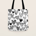 Hearts black and white hand drawn minimal love valentines day pattern gifts decor Tote Bag Gallery Image 1