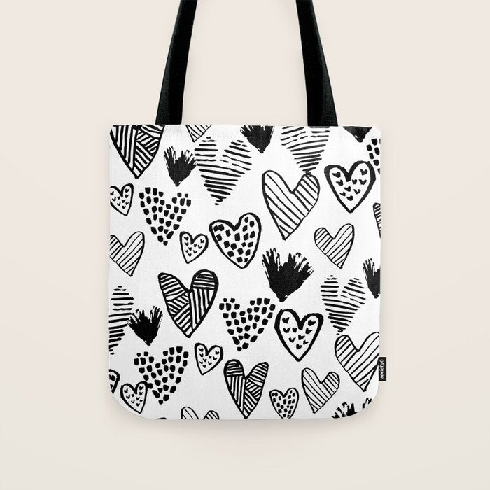 Hearts black and white hand drawn minimal love valentines day pattern gifts decor Tote Bag Gallery Image 1