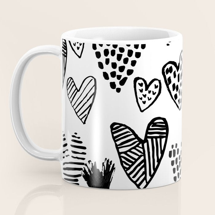 Hearts black and white hand drawn minimal love valentines day pattern gifts decor Coffee Mug Gallery Image 3