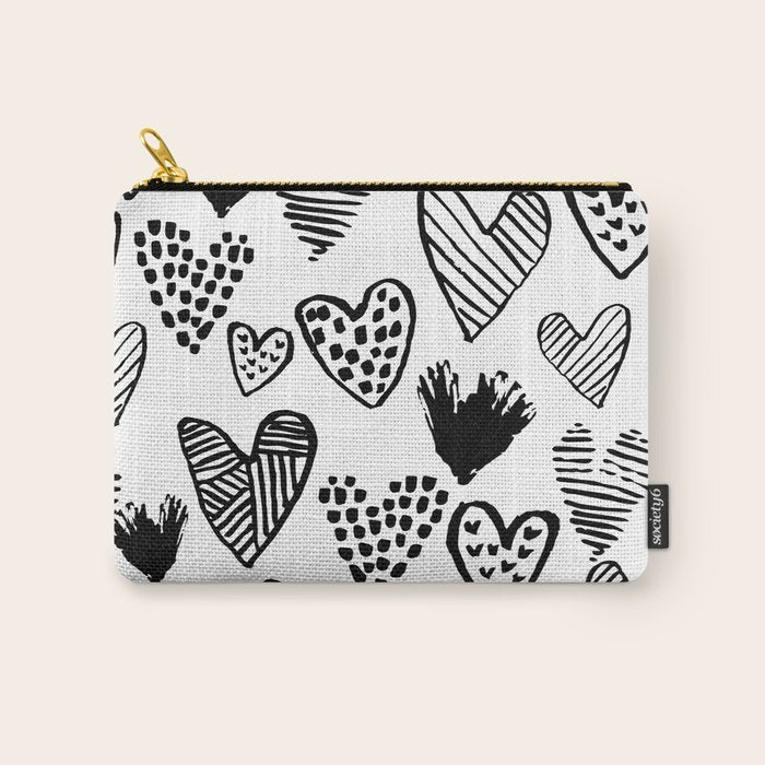 Hearts black and white hand drawn minimal love valentines day pattern gifts decor Carry All Pouch Gallery Image 1