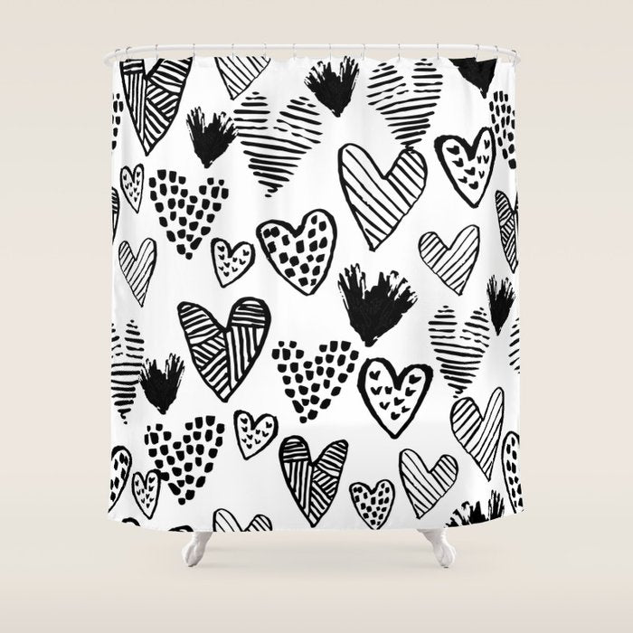 Hearts black and white hand drawn minimal love valentines day pattern gifts decor Shower Curtain Gallery Image 1