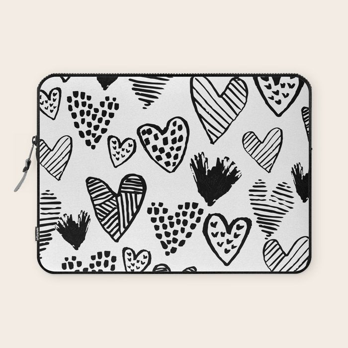 Hearts black and white hand drawn minimal love valentines day pattern gifts decor Laptop Sleeve Gallery Image 1