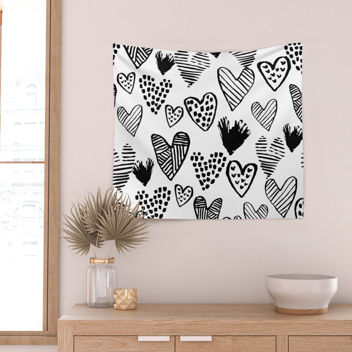 Hearts black and white hand drawn minimal love valentines day pattern gifts decor Wall Tapestry Gallery Image 2