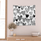 Hearts black and white hand drawn minimal love valentines day pattern gifts decor Wall Tapestry Gallery Image 2