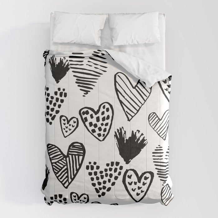 Hearts black and white hand drawn minimal love valentines day pattern gifts decor Comforter Gallery Image 1