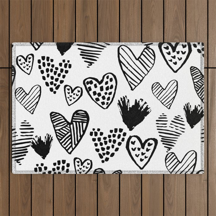 Hearts black and white hand drawn minimal love valentines day pattern gifts decor Outdoor Rug Gallery Image 1
