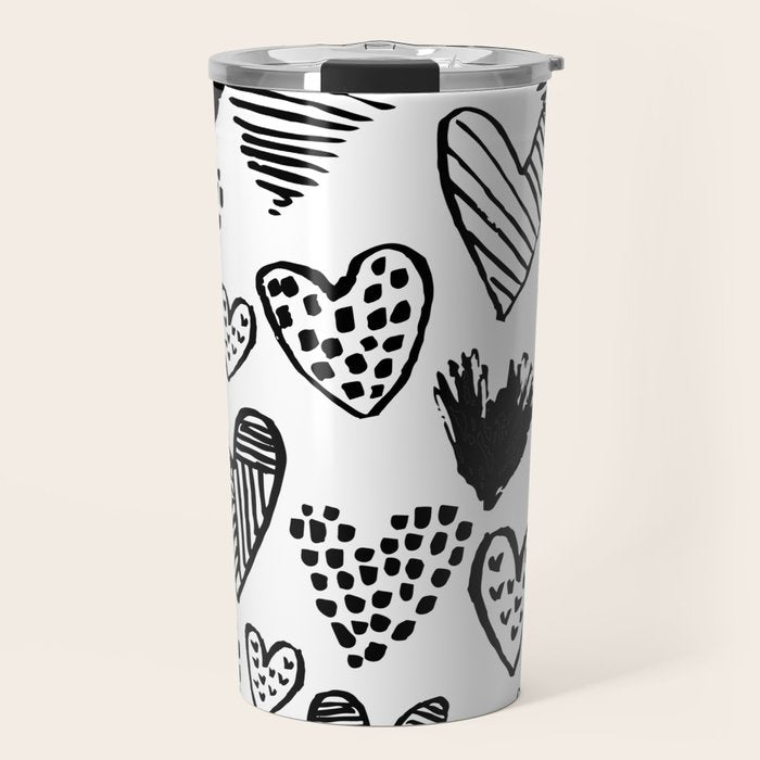 Hearts black and white hand drawn minimal love valentines day pattern gifts decor Travel Mug Gallery Image 1