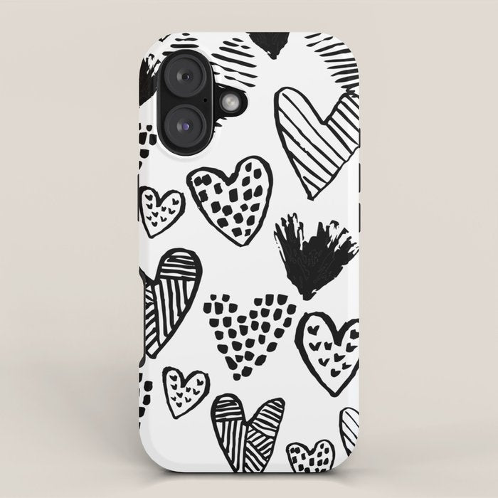 Hearts black and white hand drawn minimal love valentines day pattern gifts decor iPhone Case Gallery Image 1