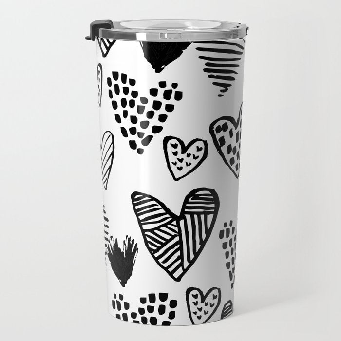 Hearts black and white hand drawn minimal love valentines day pattern gifts decor Travel Mug Gallery Image 3