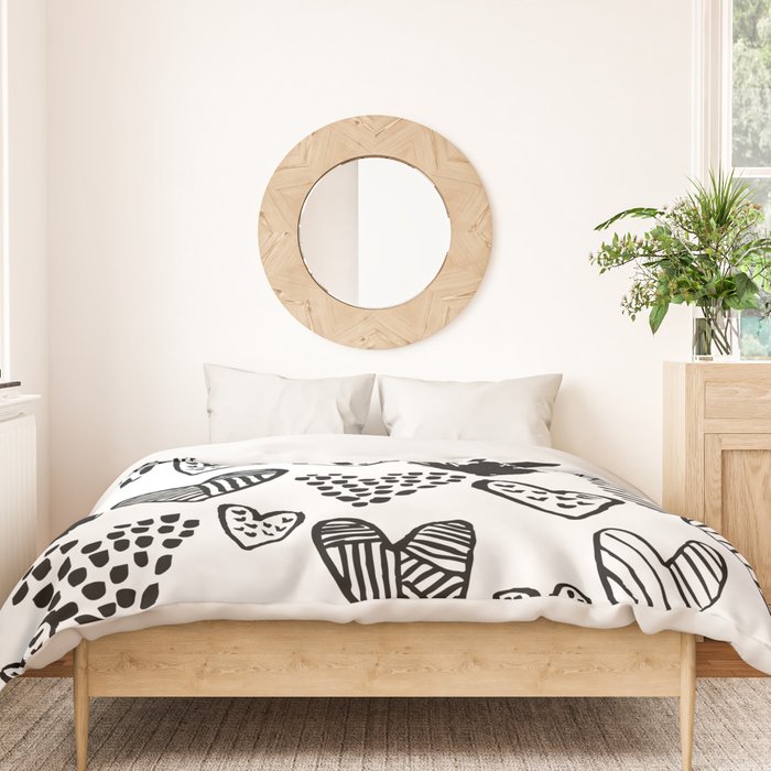 Hearts black and white hand drawn minimal love valentines day pattern gifts decor Duvet Cover Gallery Image 3