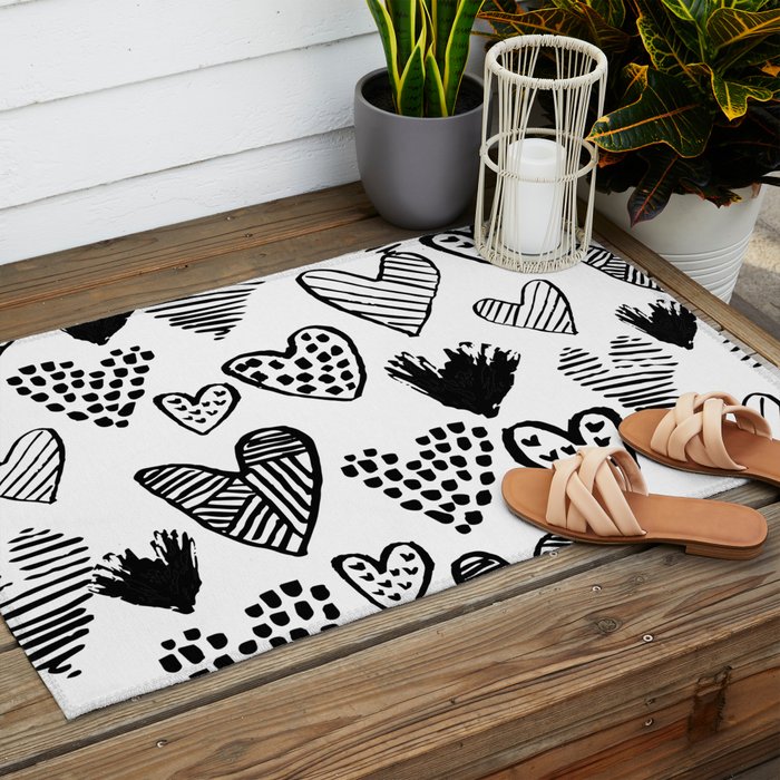 Hearts black and white hand drawn minimal love valentines day pattern gifts decor Outdoor Rug Gallery Image 2