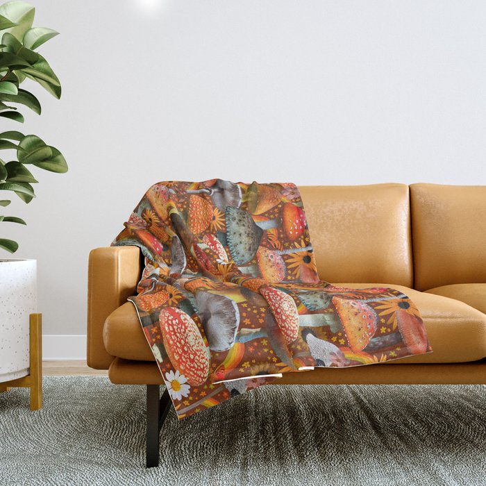 Mushroom Collage Print in Orange Throw Blanket Gallery Image 1