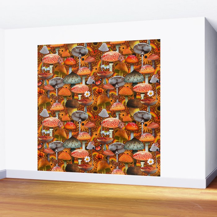 Mushroom Collage Print in Orange Wall Mural Gallery Image 2