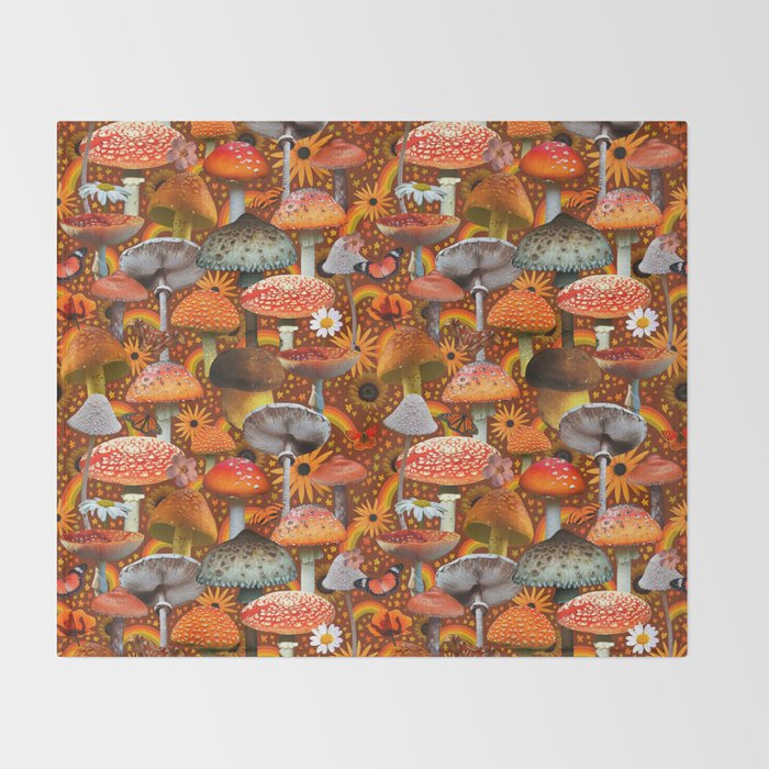 Mushroom Collage Print in Orange Throw Blanket Gallery Image 2