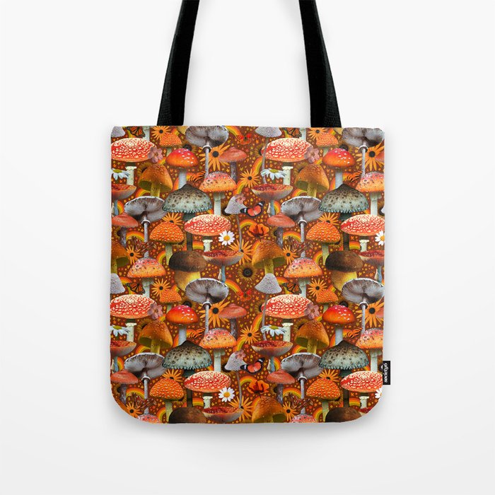 Mushroom Collage Print in Orange Tote Bag Gallery Image 1