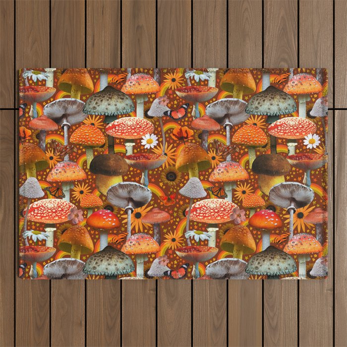 Mushroom Collage Print in Orange Outdoor Rug Gallery Image 1