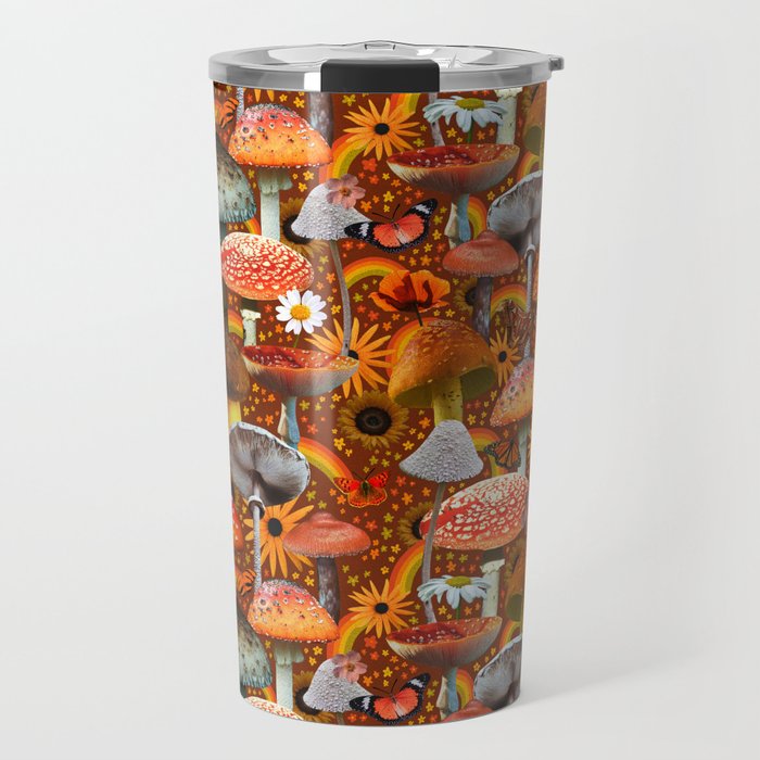 Mushroom Collage Print in Orange Travel Mug Gallery Image 1