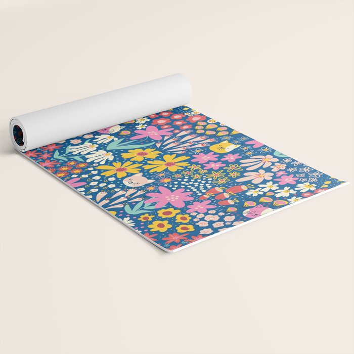 Flowers And Cats Blue Pink Yellow Yoga Mat Gallery Image 2