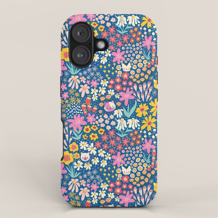Flowers And Cats Blue Pink Yellow iPhone Case Gallery Image 1