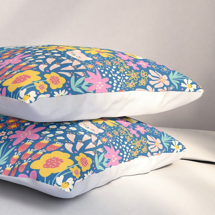 Flowers And Cats Blue Pink Yellow Pillow Sham Gallery Image 3