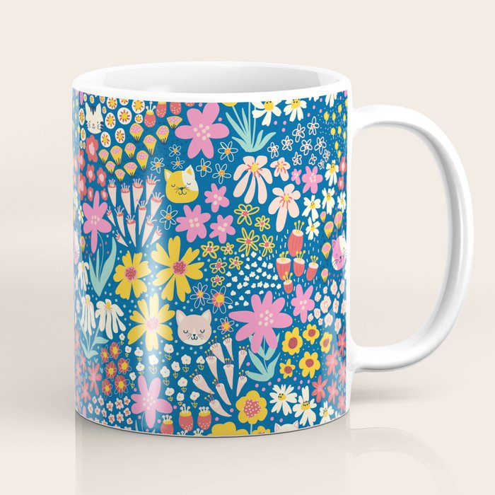Flowers And Cats Blue Pink Yellow Coffee Mug Gallery Image 1