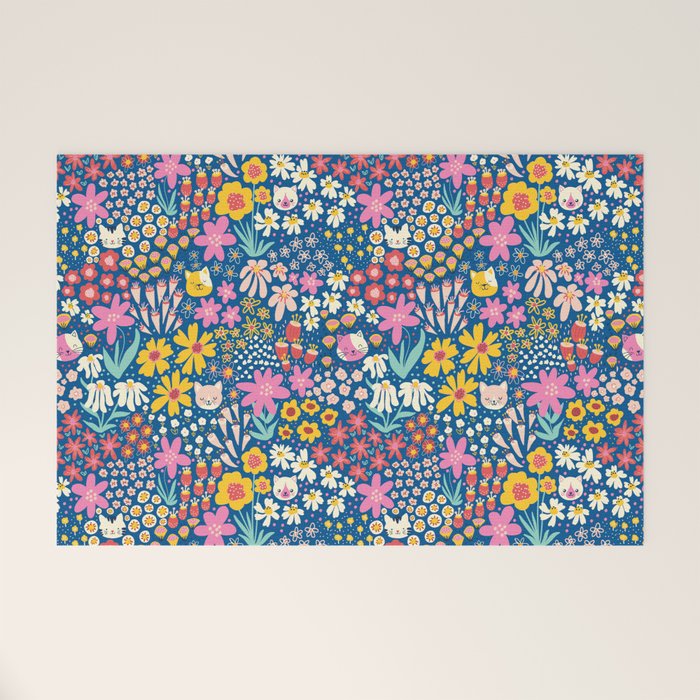 Flowers And Cats Blue Pink Yellow Welcome Mat Gallery Image 1