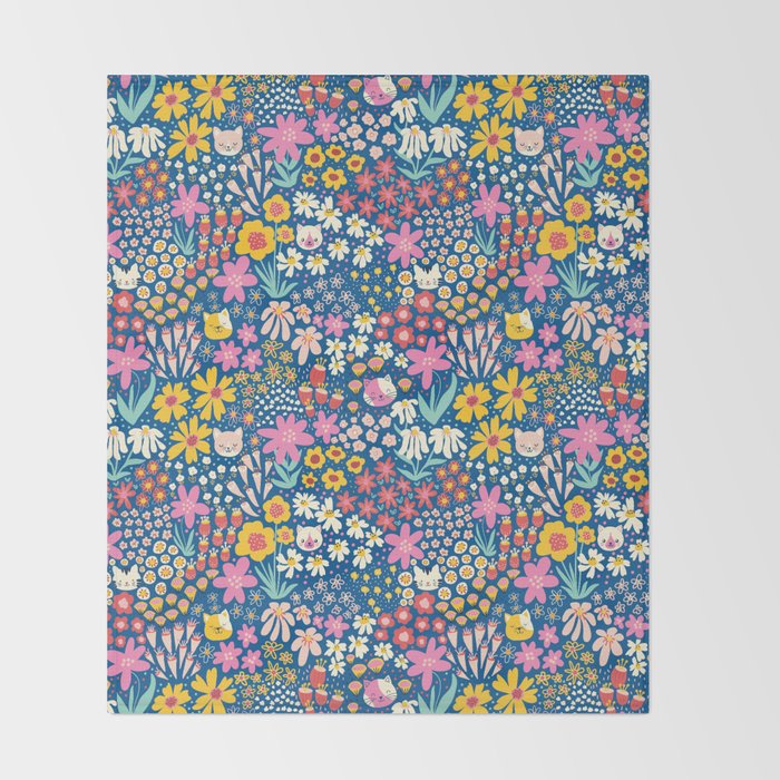 Flowers And Cats Blue Pink Yellow Throw Blanket Gallery Image 2