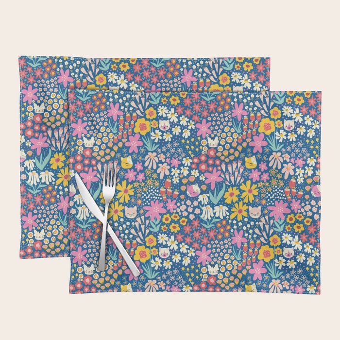 Flowers And Cats Blue Pink Yellow Placemat Gallery Image 1
