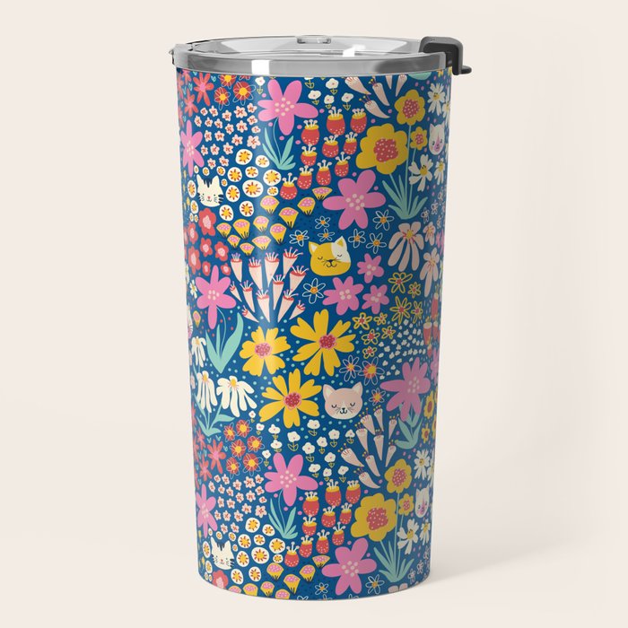 Flowers And Cats Blue Pink Yellow Travel Mug Gallery Image 2