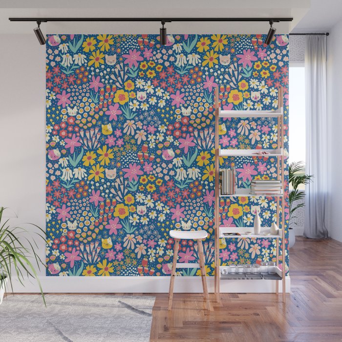 Flowers And Cats Blue Pink Yellow Wall Mural Gallery Image 1