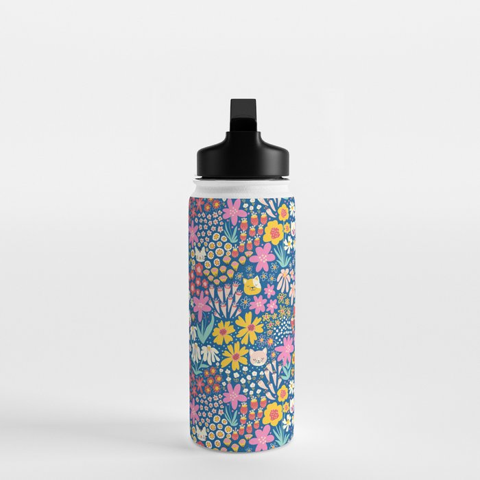 Flowers And Cats Blue Pink Yellow Water Bottle Gallery Image 3