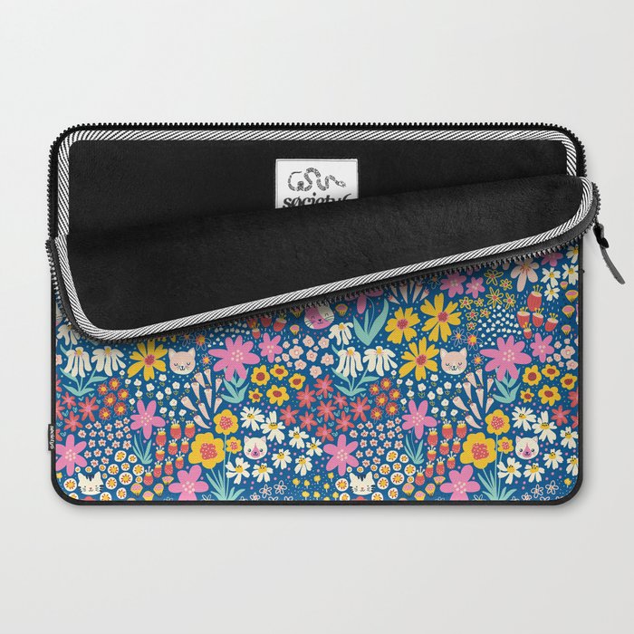 Flowers And Cats Blue Pink Yellow Laptop Sleeve Gallery Image 2