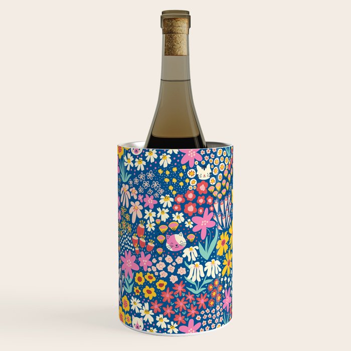 Flowers And Cats Blue Pink Yellow Wine Chiller Gallery Image 1