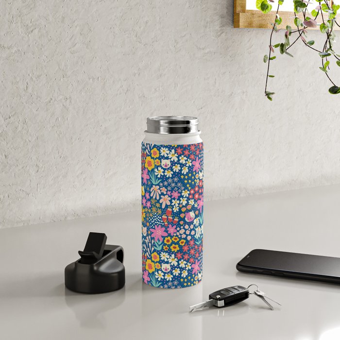 Flowers And Cats Blue Pink Yellow Water Bottle Gallery Image 4